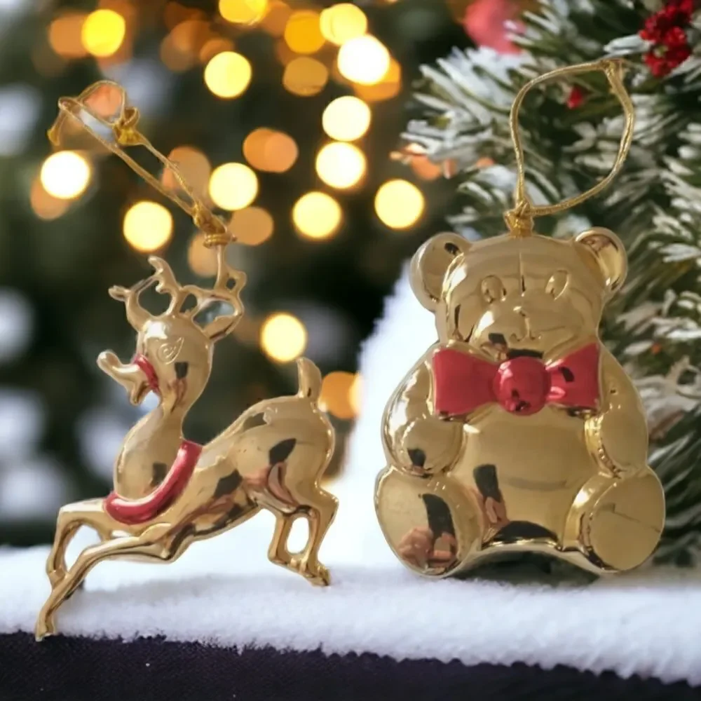 2 Vtg Gloria‎ Duchin Ornaments Classics Collection Reindeer Teddy Bear Gold Tone